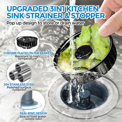 3 in 1 Kitchen Sink Drain Strainer Stopper Removable Basket Pop-Up | Kitchen Sink Food Strainer 1 Pack Silver Stainless - Food Catcher, Odor-Block Seal, Fits 3.5" Drain, Easy Clean