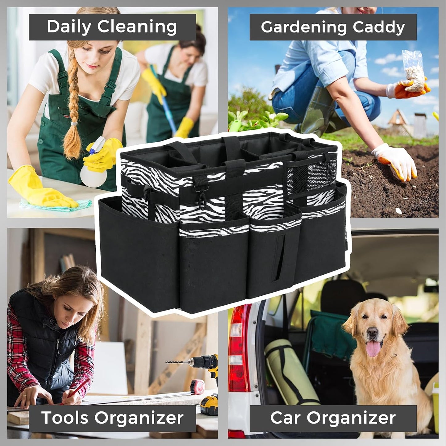 SCAVATA Wearable Cleaning Caddy, Cleaning Caddy Supplies Organizer with Handle & Shoulder Straps for Housekeepers, Under Sink & Car Cleaning Tool Organizers Bag with 4 Foldable Divider (NavyBlue)