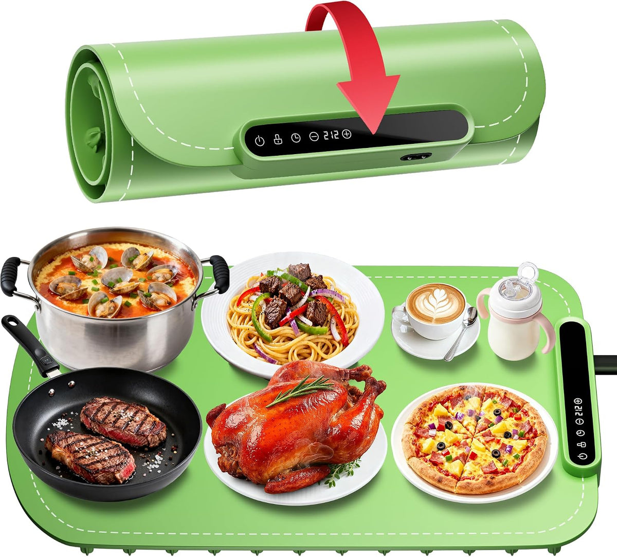 Warming Mat for Food, Upgraded Fast-Heating Electric Warming Tray with 7 Temp Levels & 8 Timers, Buffet Raised Feet & Rollable Silicone Heat Pad, Portable Food Warmer for Home, Party & Travel (Blue)