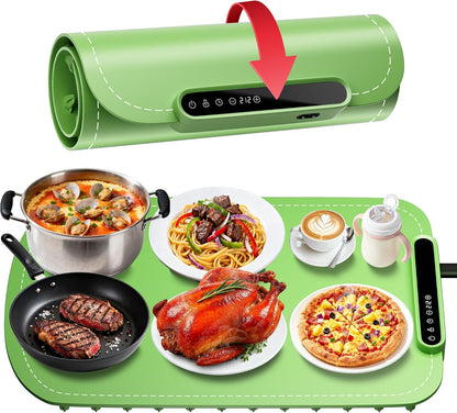 Warming Mat for Food, Upgraded Fast-Heating Electric Warming Tray with 7 Temp Levels & 8 Timers, Buffet Raised Feet & Rollable Silicone Heat Pad, Portable Food Warmer for Home, Party & Travel (Blue)