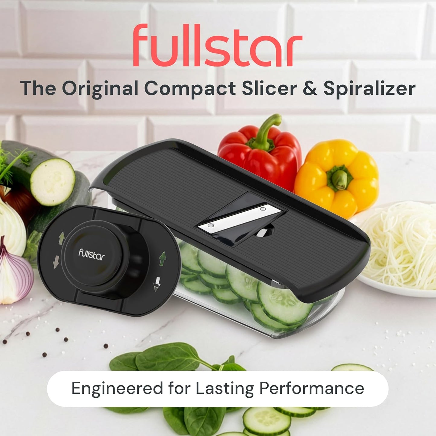 Fullstar Pro Mandoline Vegetable Slicer, Grater & Spiralizer with Container | 6 in 1 Fruit Cutter, Cheese Grater & Spiralizer with Safety Gloves, Stainless Steel Blades & Container (Black)