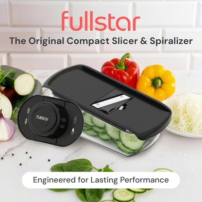 Fullstar Pro Mandoline Vegetable Slicer, Grater & Spiralizer with Container | 6 in 1 Fruit Cutter, Cheese Grater & Spiralizer with Safety Gloves, Stainless Steel Blades & Container (Black)