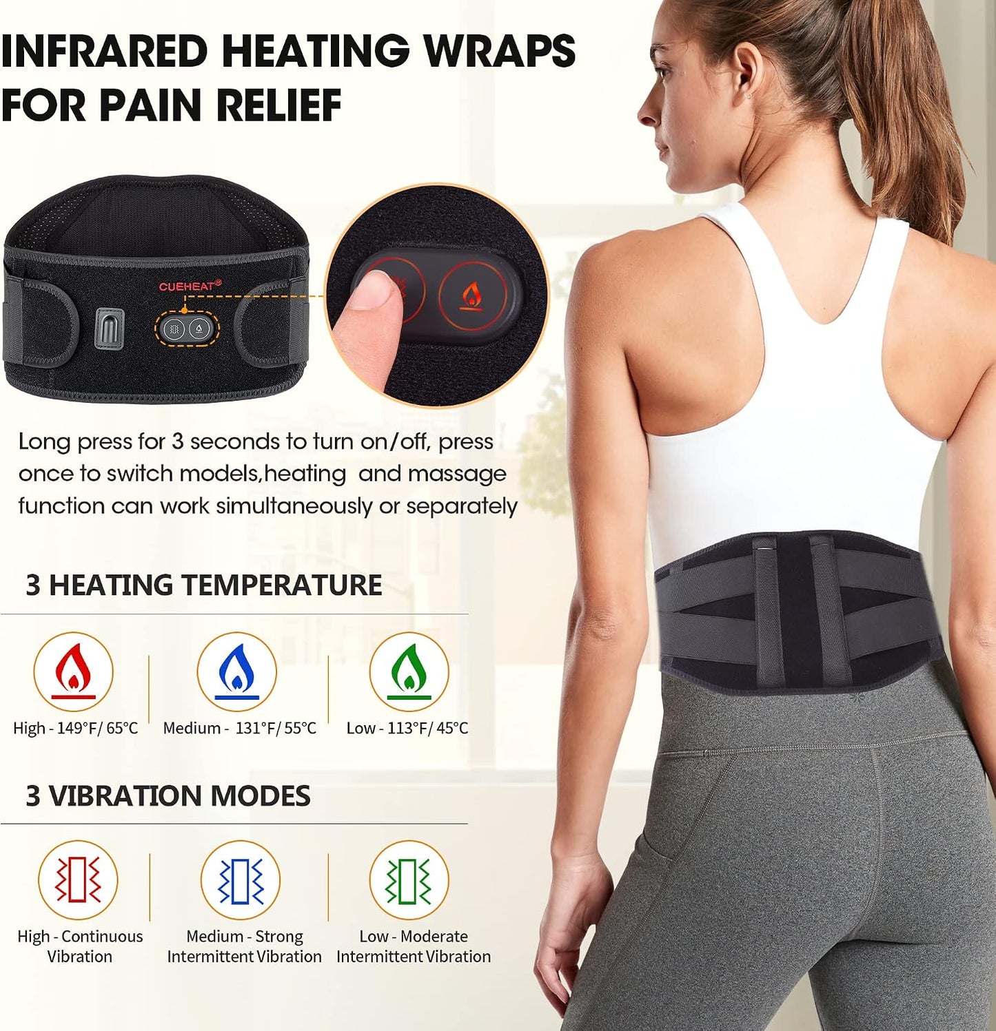 CUEHEAT Heated Waist Belt with Massage - Cordless Lower Back Heating Pad | 3 Heat Settings, 3 Vibration Modes, 7.AV Rechargeable Battery, Adjustable Fit for Wearable Lower Back Warmth