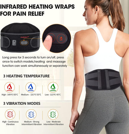 CUEHEAT Heated Waist Belt with Massage - Cordless Lower Back Heating Pad | 3 Heat Settings, 3 Vibration Modes, 7.AV Rechargeable Battery, Adjustable Fit for Wearable Lower Back Warmth