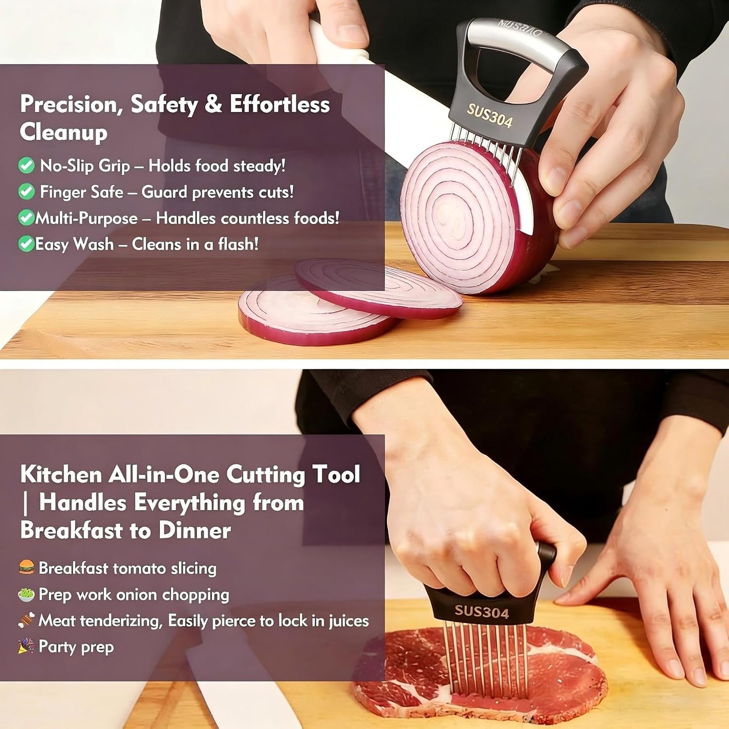304 Stainless Steel Onion Holder & Slicer - Multi-Fruit Vegetable Fixing Tool with Sharp Prongs for Tomato, Lemon, Avocado - Safe Kitchen Gadget