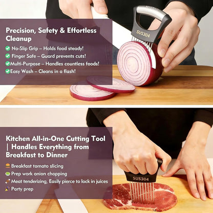 304 Stainless Steel Onion Holder & Slicer - Multi-Fruit Vegetable Fixing Tool with Sharp Prongs for Tomato, Lemon, Avocado - Safe Kitchen Gadget