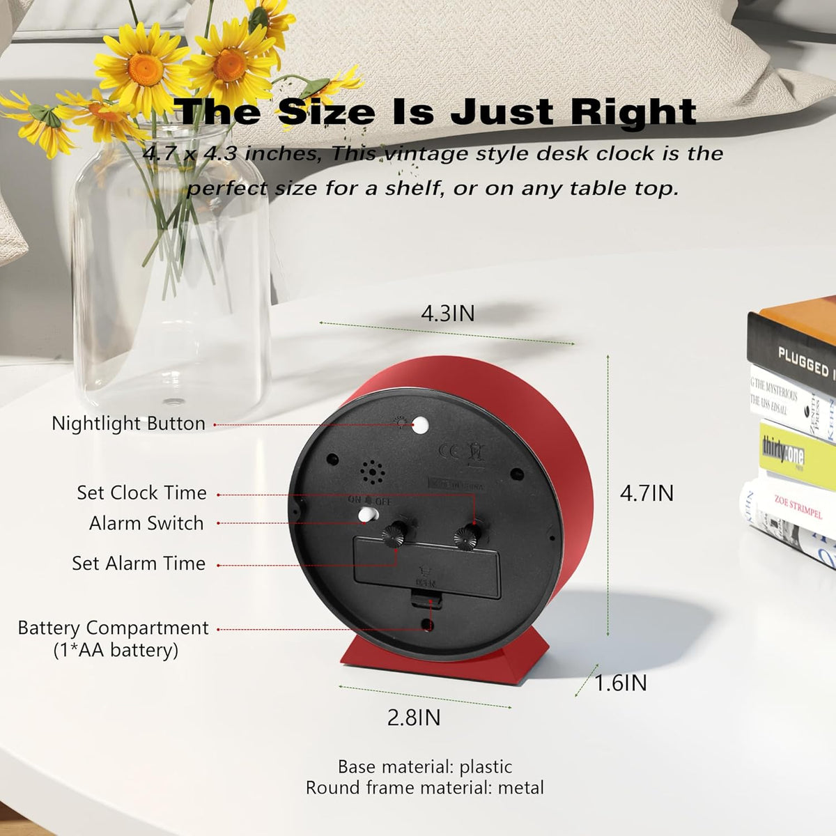 AYRELY® 4.5" Analog Alarm Clock, Small Retro Desk Clock and Table Clock