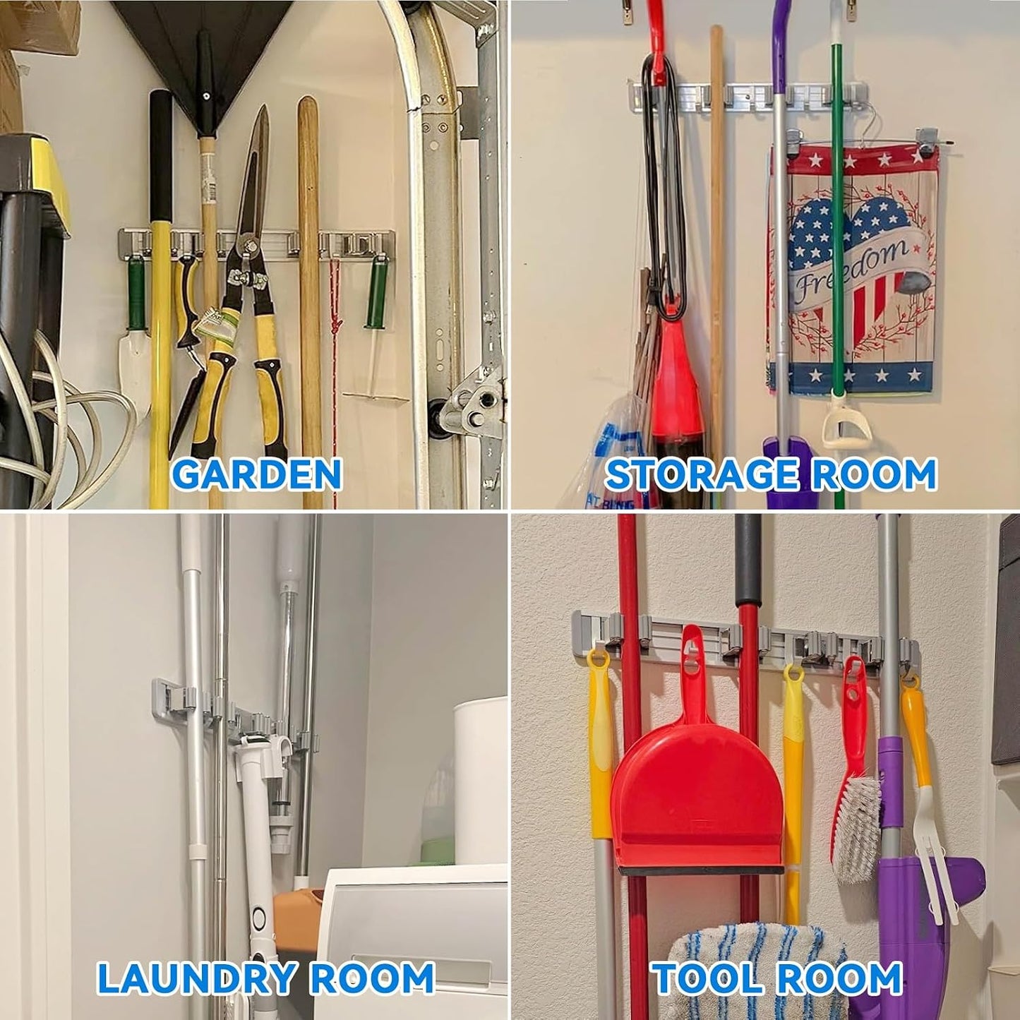 reliahom Broom Holder Wall Mount Mop Hanger Tools organizer 5Racks 4Hooks | Adjustable Mop Broom Wall Hanging Heavy duty Tools Storage Rack Space-saving for Garage,Kitchen,Laundry Room,Garden, Silver