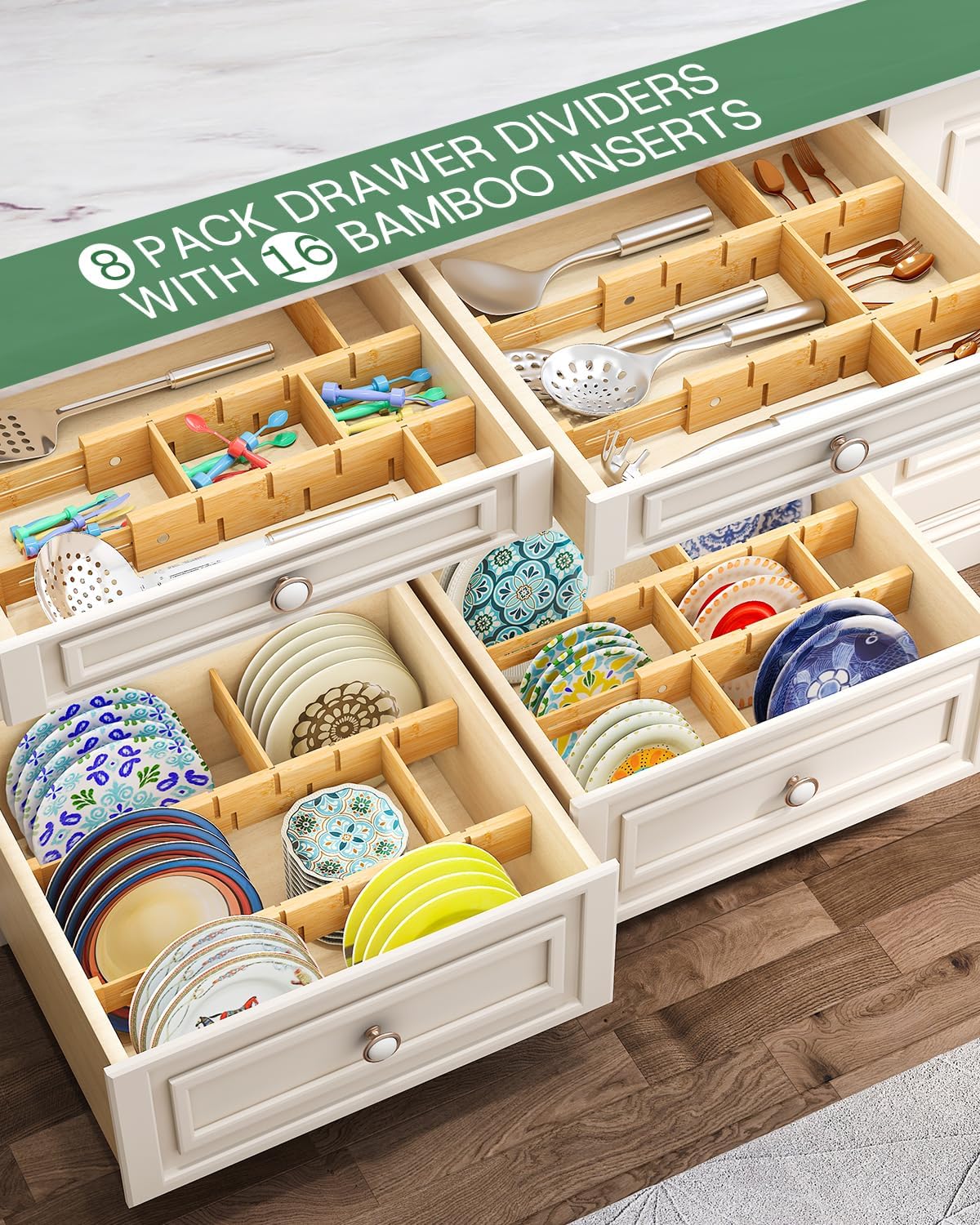kiplant Kitchen Drawer Dividers - Adjustable Drawer Organizer for Clothes, Kitchen, Closet & Office - 8 Pack with Inserts, 18-22.6 Inches, Non-Slip Silicone Ends