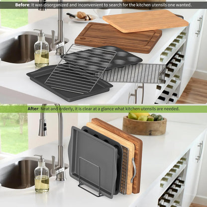 Kitchen Organizer Rack - 4-Slot Heavy-Duty Holder for Cutting Boards,Cookware – Rust-Resistant, Space-Saving Design with Non-Slip Feet for Countertop and Cabinet Storage (1 Pack)