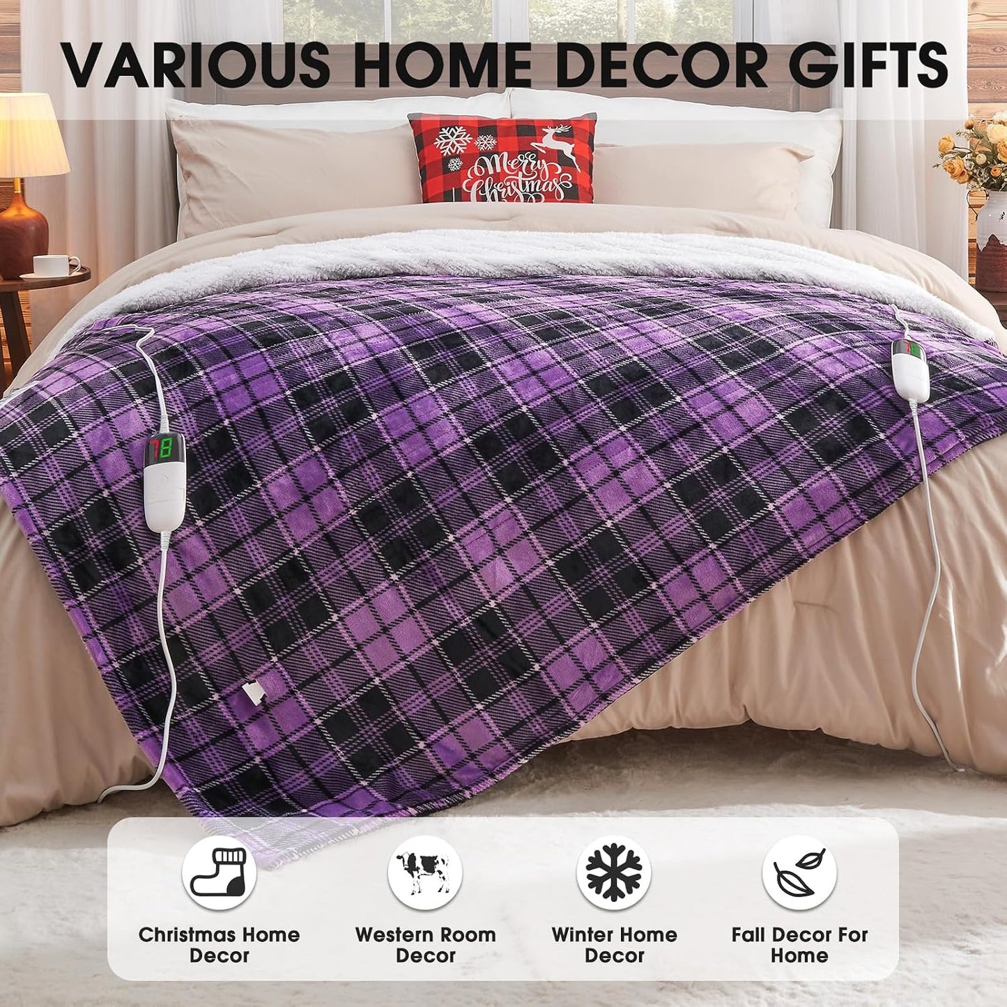 Heated Blanket Electric Throw 50X60 Heating Blanket with 10 Heating Levels 8 Hours Auto Off, Blue Plaid Sherpa Blankets Winter Warmer, Home Decor for Couch Bed Office,Gifts for Mom, Women,Washable