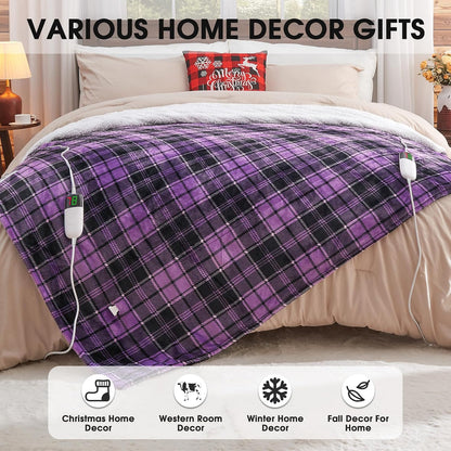 Heated Blanket Electric Throw 50X60 Heating Blanket with 10 Heating Levels 8 Hours Auto Off, Blue Plaid Sherpa Blankets Winter Warmer, Home Decor for Couch Bed Office,Gifts for Mom, Women,Washable