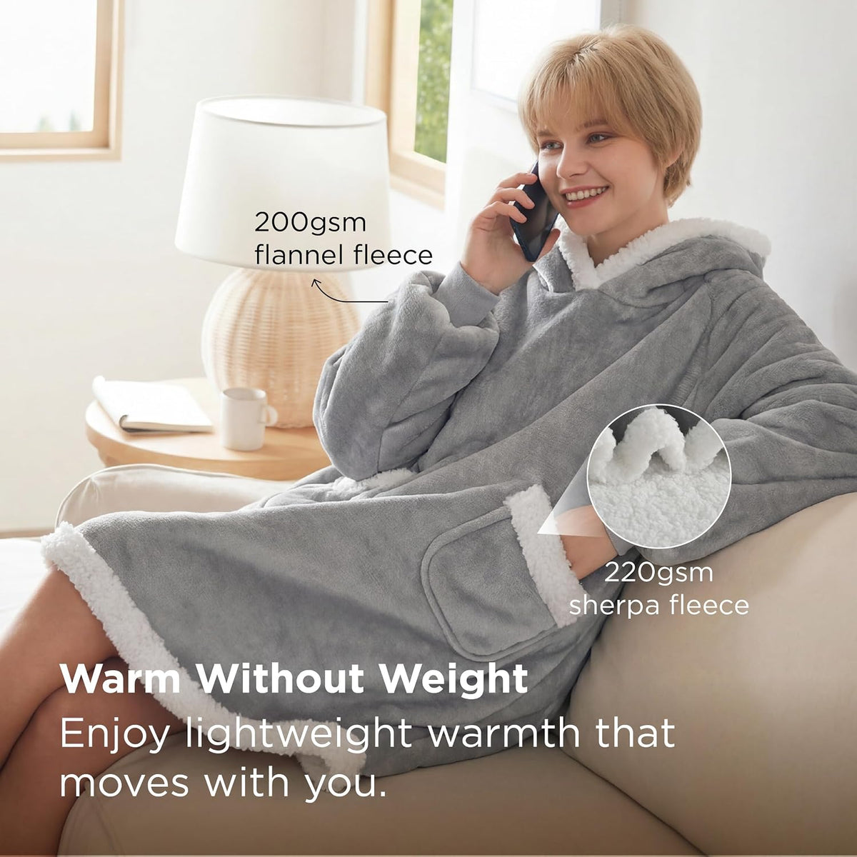 Bedsure Wearable Blanket Sherpa Hoodie Gifts, Sweatshirt, Grey, Standard
