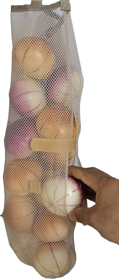 Hanging Mesh Storage 5Pack Potato & Onion Bags - Large Reusable Net Produce Bags (Beige)