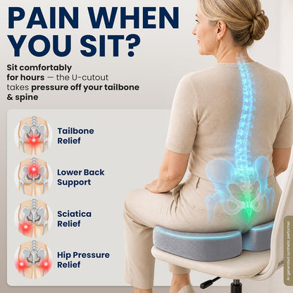 5 STARS UNITED Seat Cushion - Memory Foam Chair Cushion for Tailbone Pain Relief - Ergonomic Support for Coccyx, Sciatica & Butt - Office, Desk & Gaming Chair, Car Seat, Wheelchair, Airplane, Black