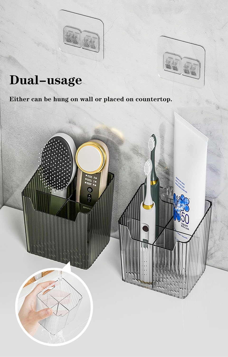 Lae Nuvole 2Pcs Storage Organizer Bins, Wall Shower Toothbrush Caddy, Clear | with Dividers & 4 Adhesive Pads, No Drill, Renter Friendly, BPA-Free PET, Fits Bathroom, Apartment, RVs, Cabinet/Pantry Door