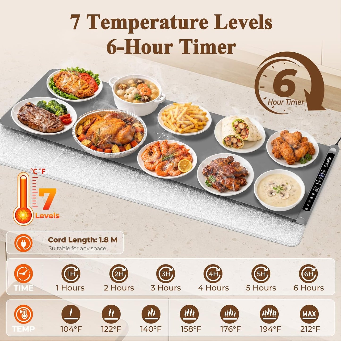 Warming Mat for Food, Electric Warming Tray with Heat-Resistant Pad-L Grey | Colorlife 6 Preset Modes, 7 Temps, 6H Timer, Child Lock, Auto-Memory, Rollable Silicone Food Warmer for Buffet, Parties