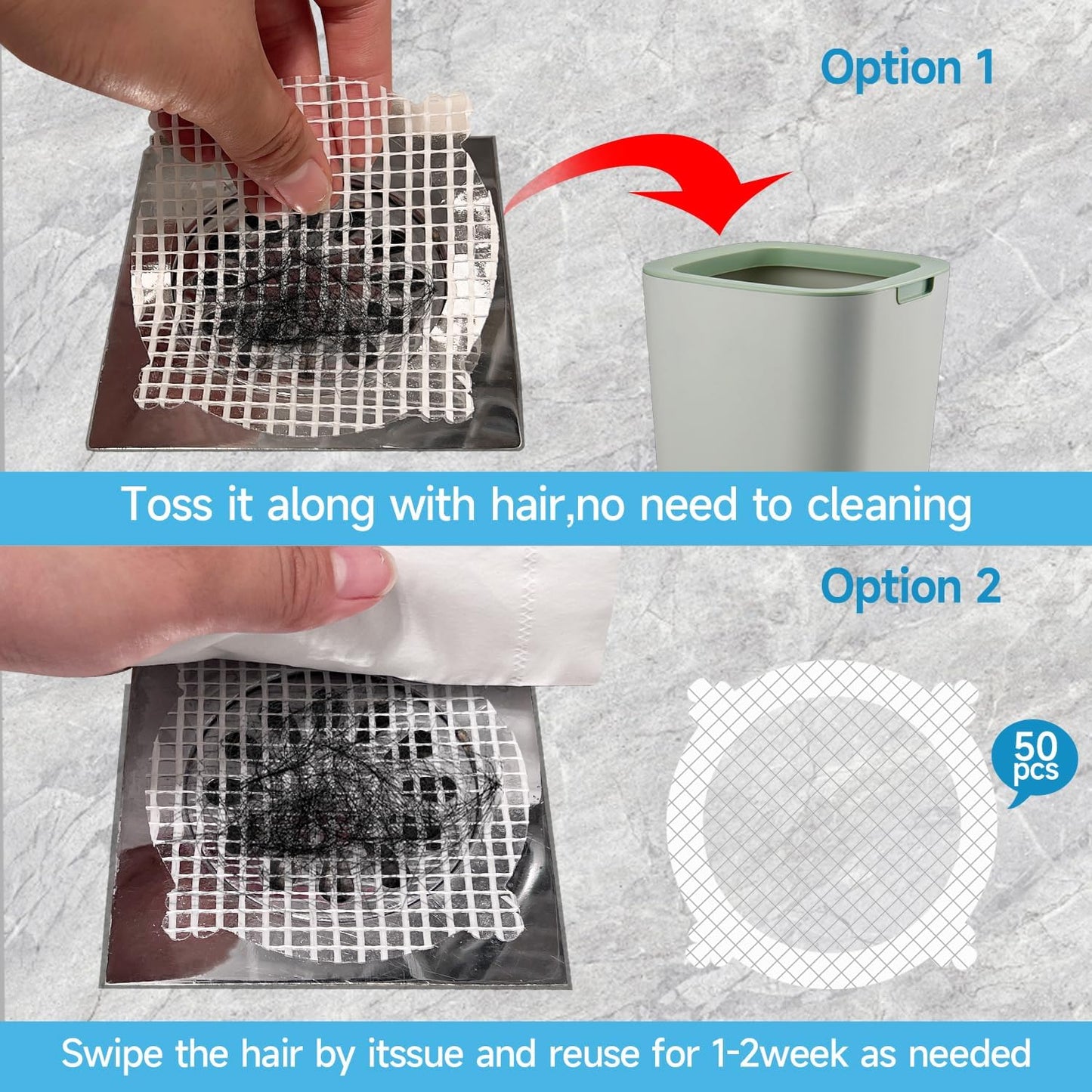 VIVIDLY 50 Pack Disposable Shower Drain Hair Catcher Stickers for Home | No scrubbing required after use, catches human & pet hair easily, fits bathroom kitchen tub & sink