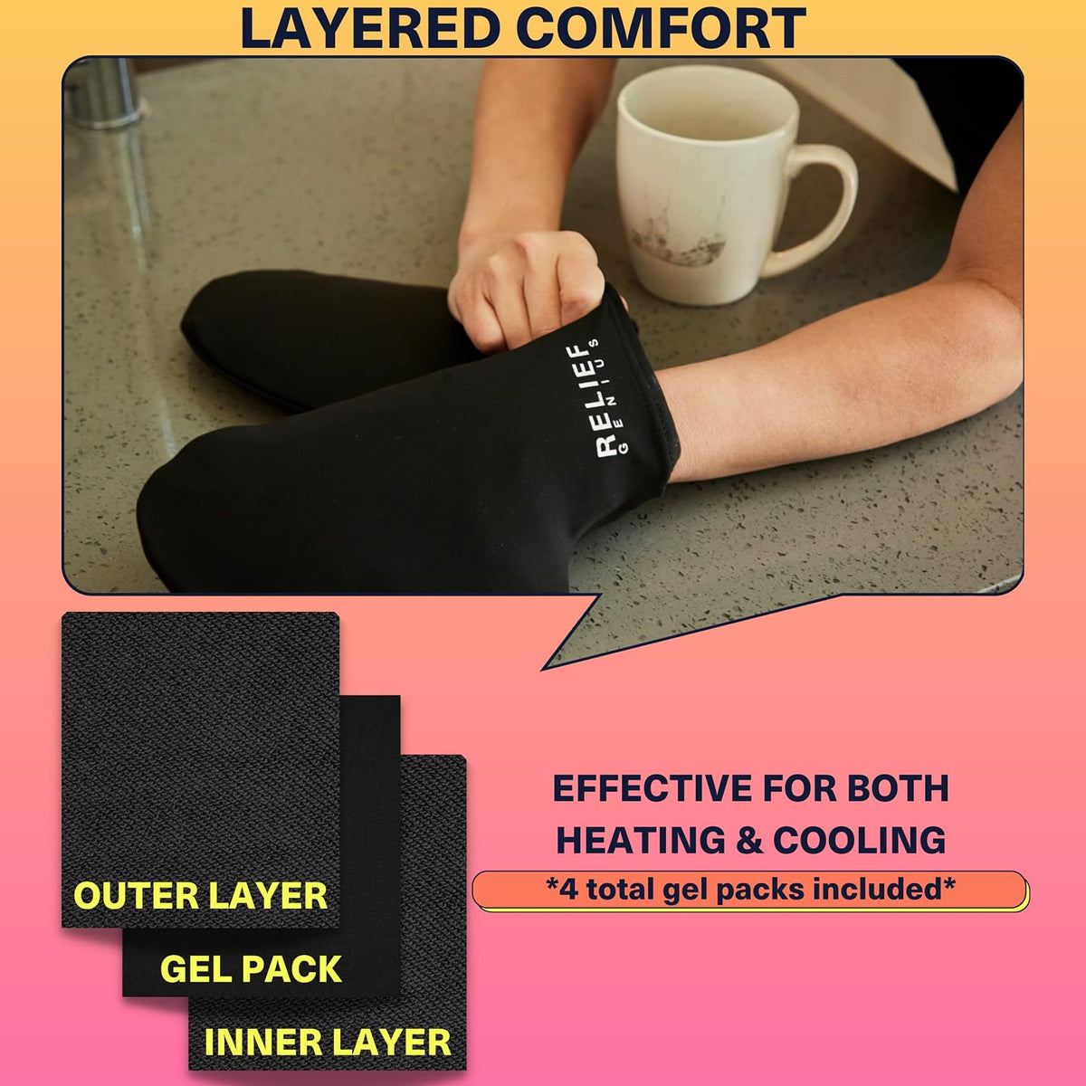 Relief Genius Cold Therapy Socks with Reusable Gel ice Packs - Achieve Relief from Sprains, Muscle Pain, Bruises, Swelling, Edema, Chemotherapy, Arthritis, Post Partum Foot (Black, Large)