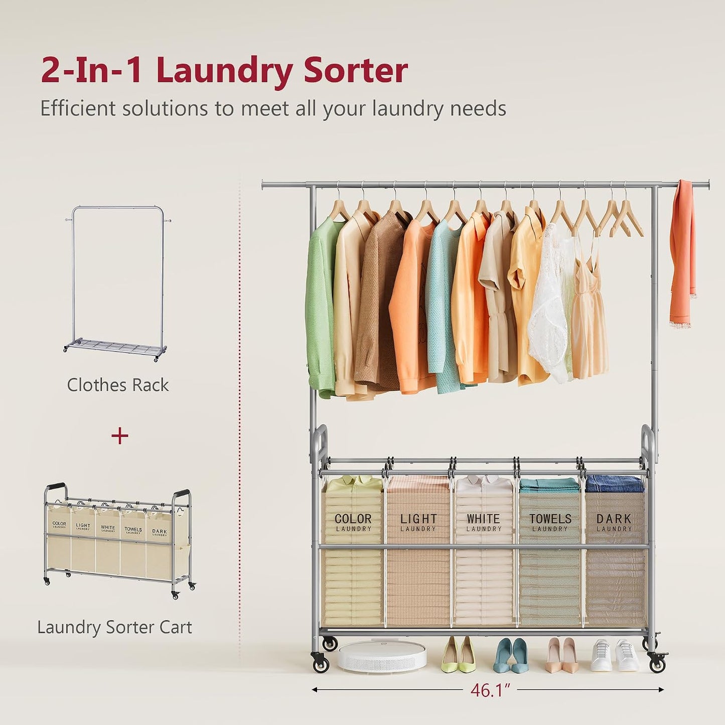 Laundry Cart with Hanging Rack, 65 Gal. Large Laundry Hamper, Beige | Rolling Laundry Cart with Hanging Bar with Removable Bag and Lockable Wheels, Separator Hamper Cart for Bedroom, Bathroom