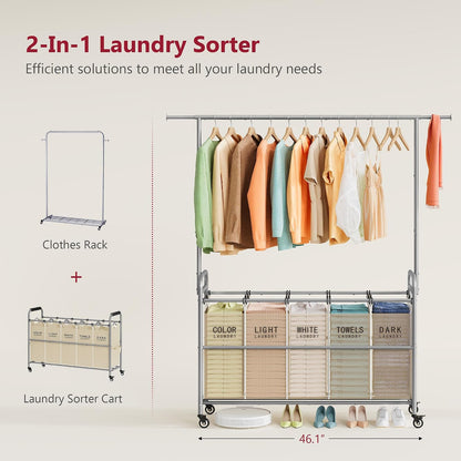 Laundry Cart with Hanging Rack, 65 Gal. Large Laundry Hamper, Beige | Rolling Laundry Cart with Hanging Bar with Removable Bag and Lockable Wheels, Separator Hamper Cart for Bedroom, Bathroom