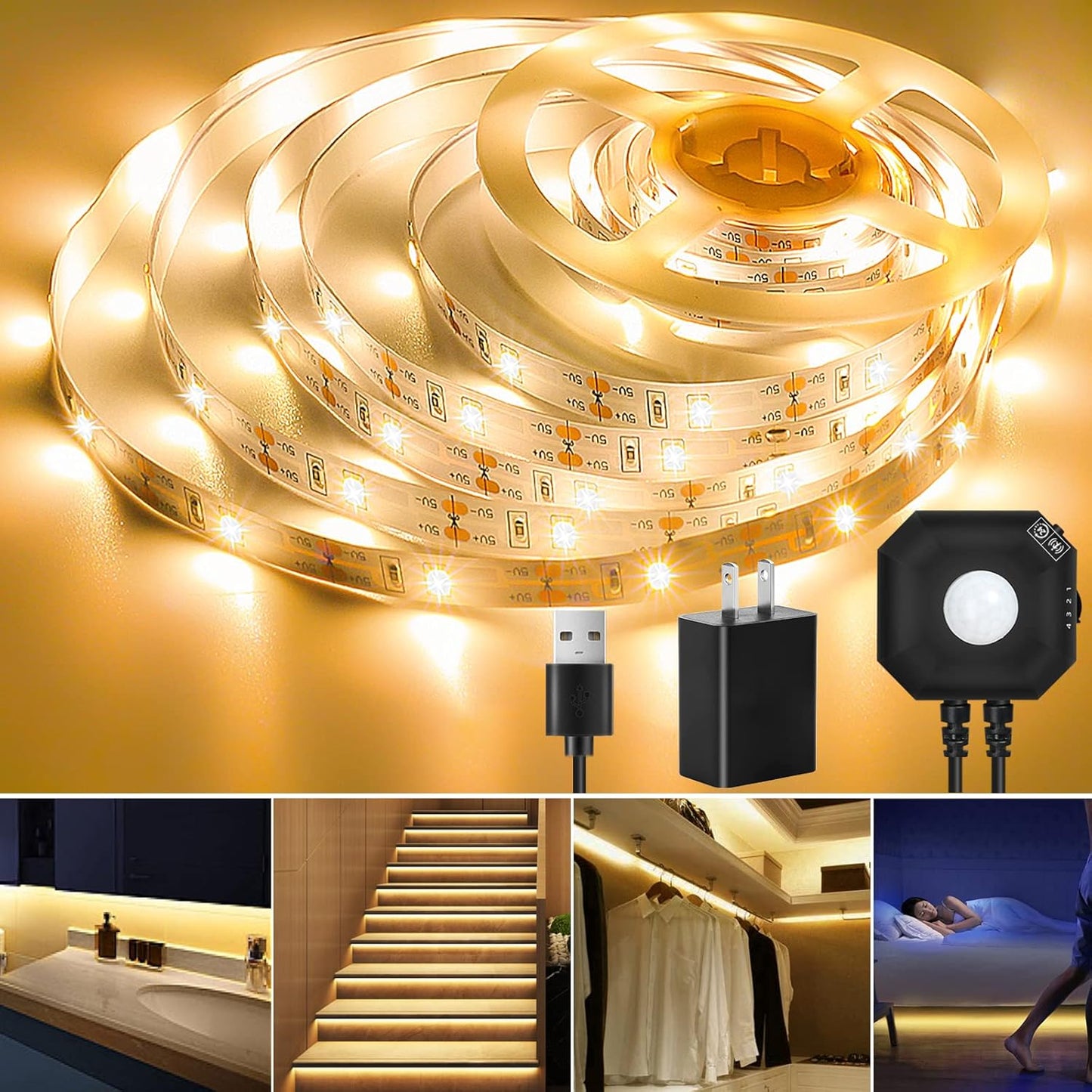 Motion Sensor LED Light Strip Indoor, 2-Pack 9.8Ft, 3000K Warm White | Motion Activated Under Bed Light,Auto Shut-Off Timer,USB Powered Auto On/Off Night Lighting for Bedroom Stair Cabinet Hallway