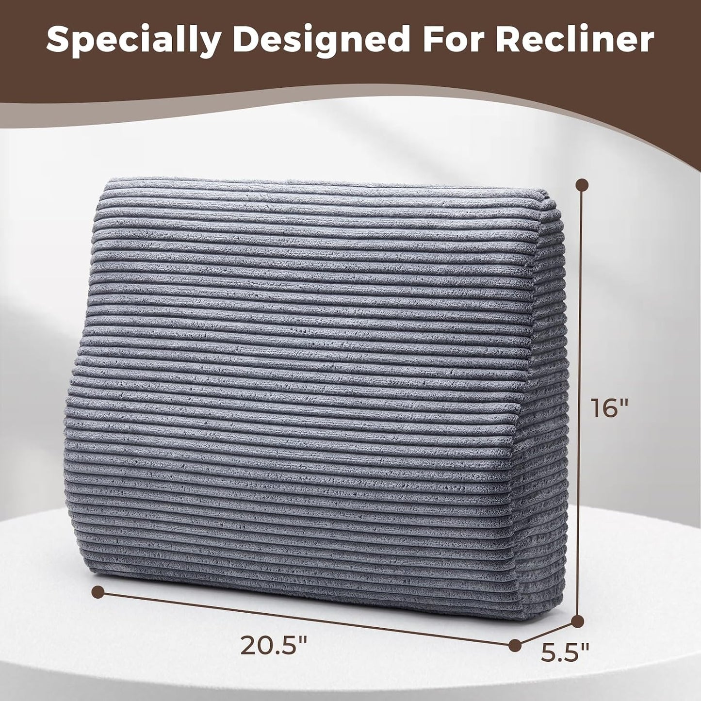 Lumbar Support Pillow for Recliner Chair/Accent Chair/Couch, Washable Cover | Large Memory Foam Back Support Cushion for Elderly, Ergonomic Backrest Pillow for Back Rest/Pain Relief/Reading, Gray