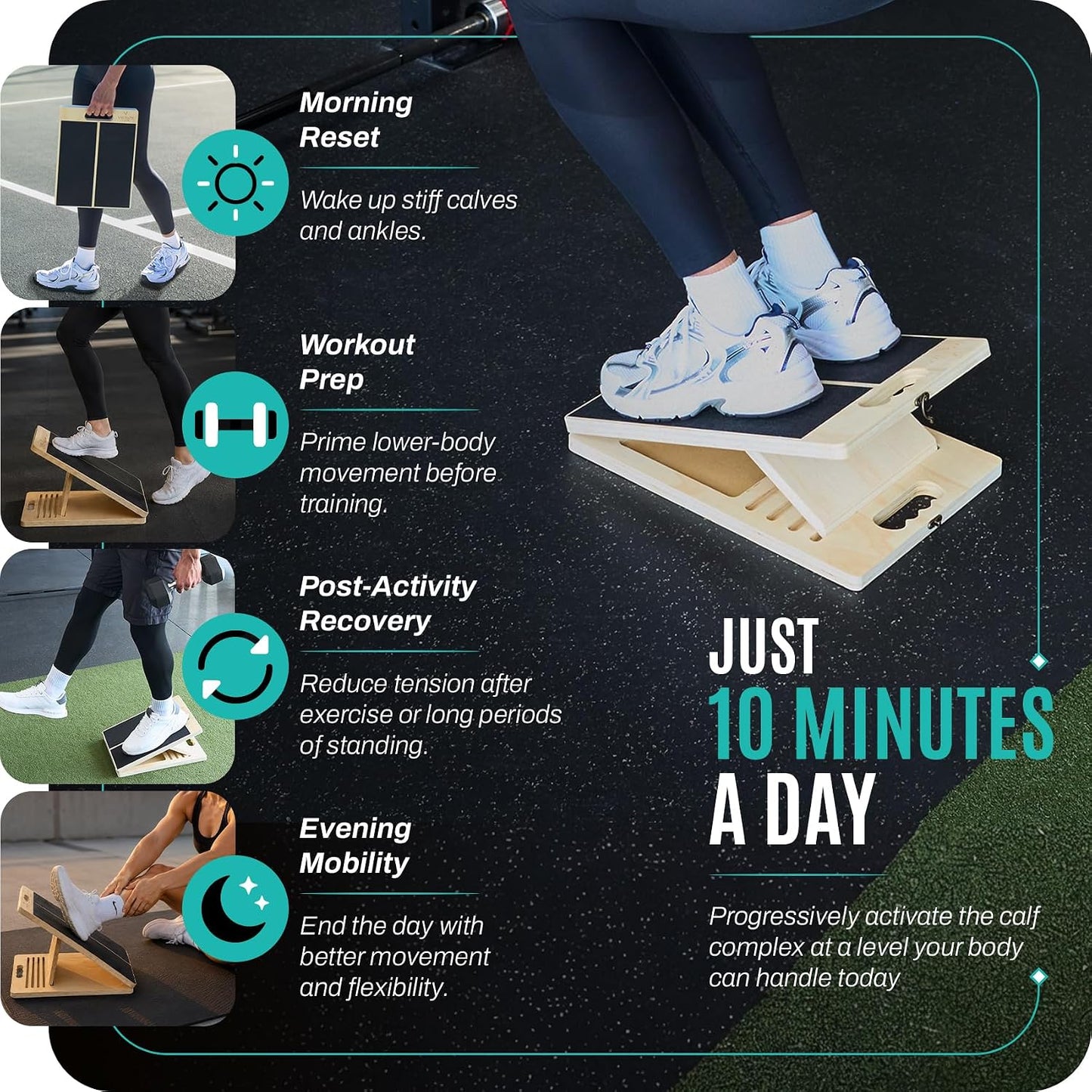Portable Wood Slant Board, Adjustable Squat Wedge, Calf Stretch | Foldable wood slant board, 5 adjustable angles (20-40°); calf stretch, squat wedge, heel-elevated squats, ankle mobility