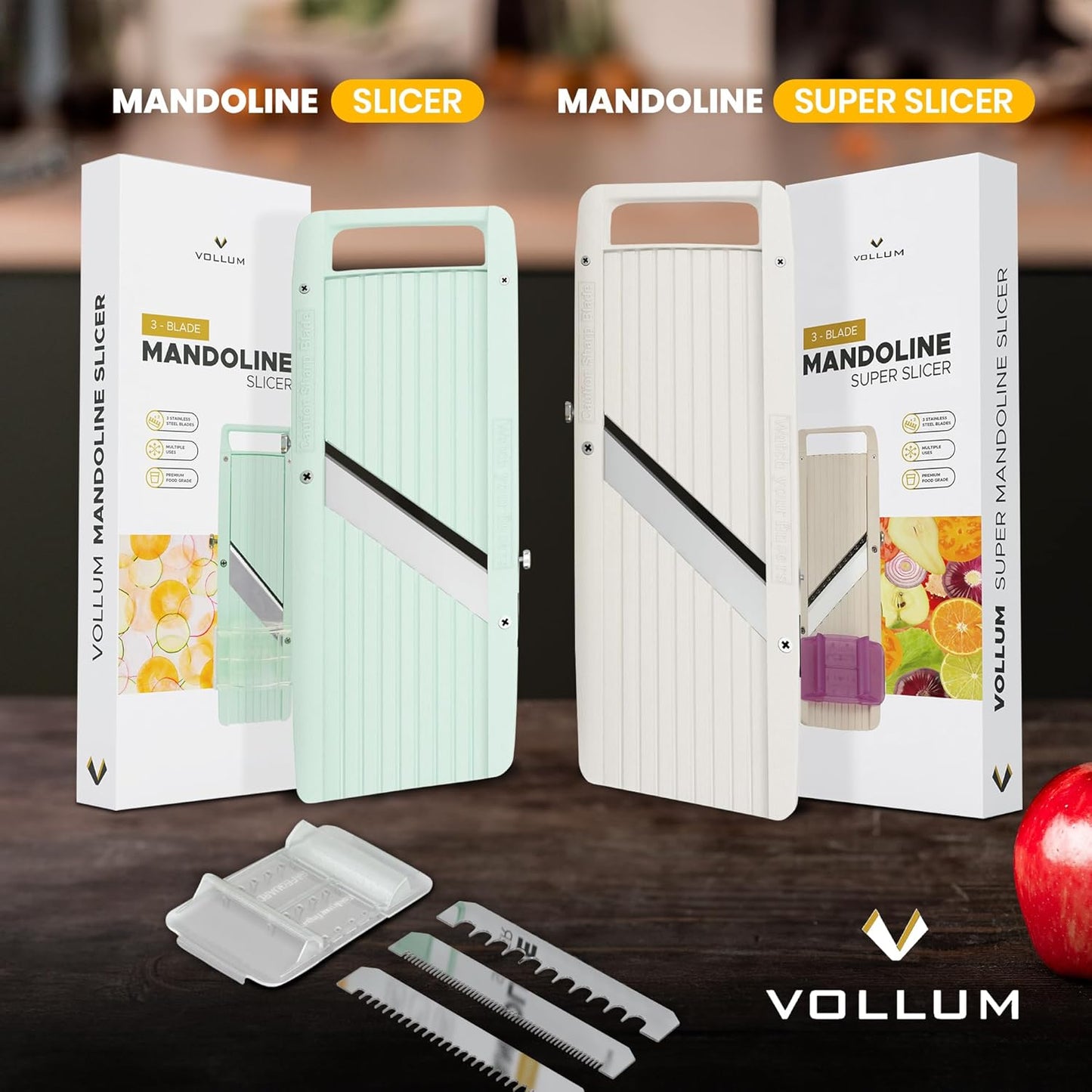 Vollum Mandoline Slicer Vegetable Cutter Stainless Steel Blades | Narrow handheld manual food slicer with interchangeable blades for precise, professional-style kitchen prep.