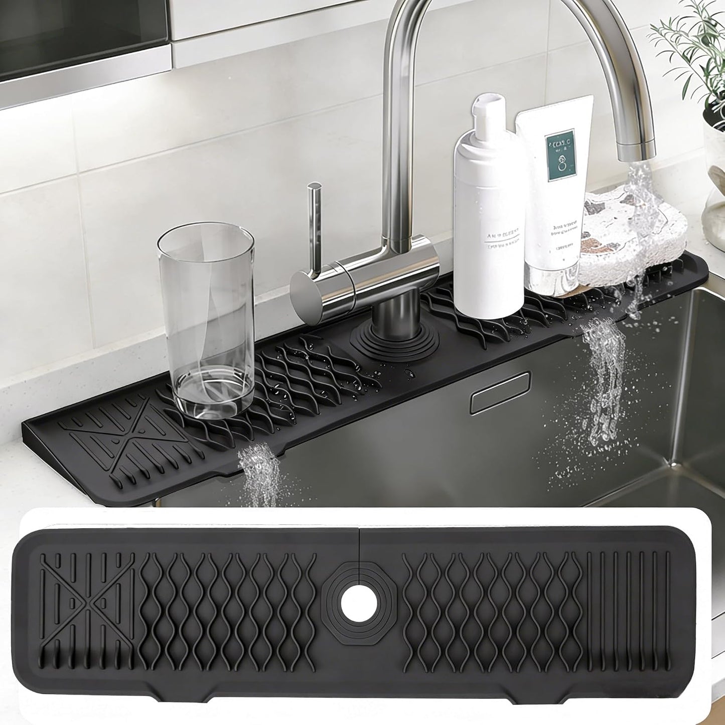 Kitchen Sink Splash Guard Gen2-30" x 6'' Silicone Sink Mat Splash Guard fit for Countertop, Bathroom,Farmhouse,RV by EBIGIC (Grey)