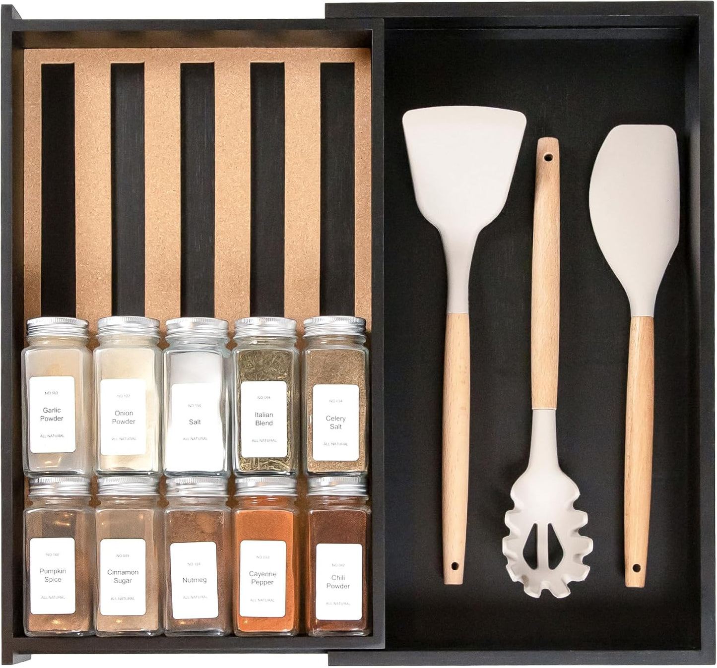 Expandable Spice Drawer Organizer, Bamboo | Holds up to 15 spice jars (not included), non-slip feet, 100% sustainable bamboo wood