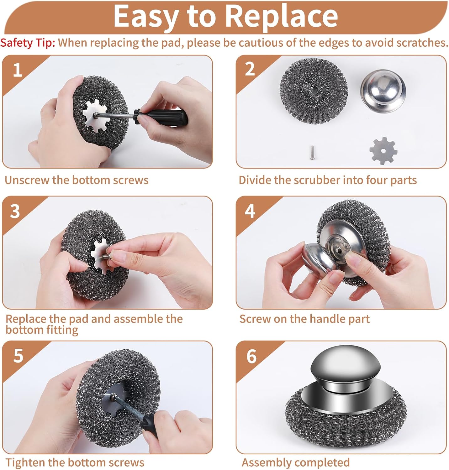 6PCS Steel Wool Scrubber Sponge Set, Barbecue Grill Cleaning Scrubber Pads | Stainless Steel Scrubber Replacement for Scouring Messes from Cast Iron, Pots, Pans, Grill, Stoves, Sink (6 Pads)