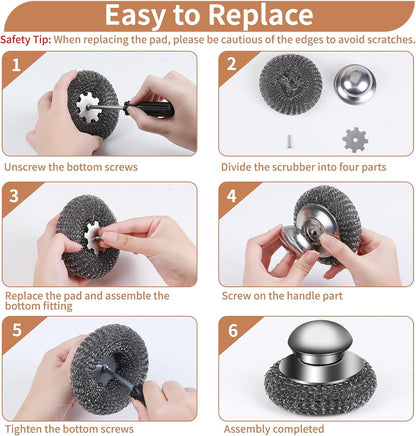 6PCS Steel Wool Scrubber Sponge Set, Barbecue Grill Cleaning Scrubber Pads | Stainless Steel Scrubber Replacement for Scouring Messes from Cast Iron, Pots, Pans, Grill, Stoves, Sink (6 Pads)