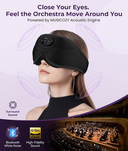 MUSICOZY Sleep Headphones Bluetooth 5.4 with Smart Timer 3D Eye Mask | Auto Shut Off Timer, 14-Hour Playtime, 100% Blackout, Removable Module Washable Design for Sleeping Travel and Meditation