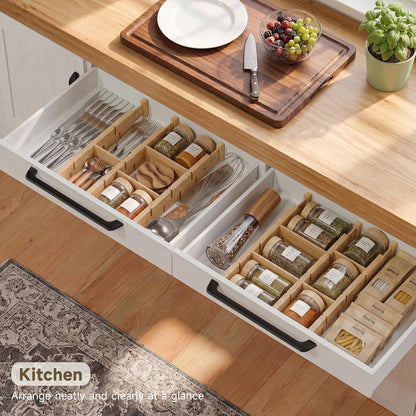 Bamboo Drawer Dividers, Expandable Kitchen Drawer Organizer | Include 6 Dividers, 6 Small Inserts and 6 Medium Inserts for Home, Office, Dressers