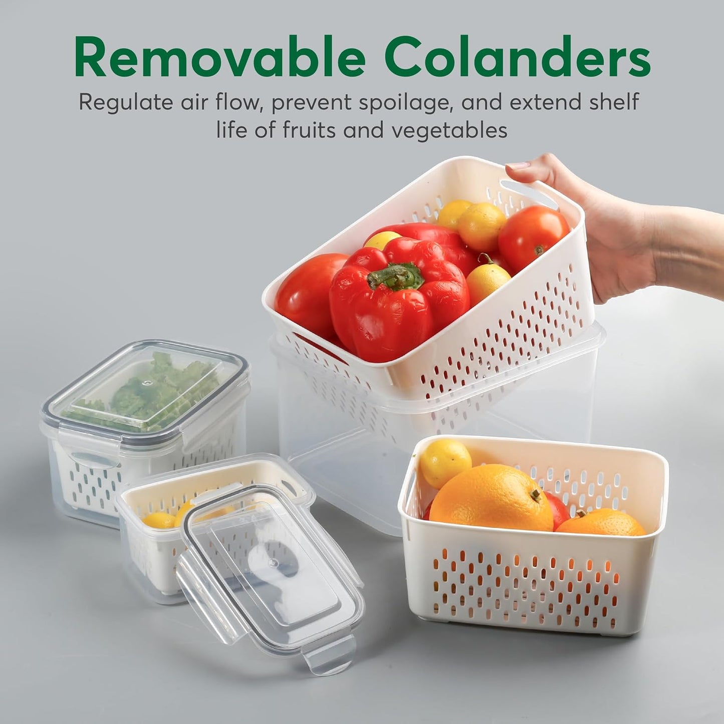 5 Set Fruit Storage Containers for Fridge with Colander, Produce & Veggie | Dishwasher safe, leakproof BPA-free plastic, stackable vegetable& fruit saver for refrigerator, keep berry salad meat fresh