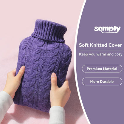 samply 2L Hot Water Bottle with Knitted Cover, Hot Water Bag, Purple