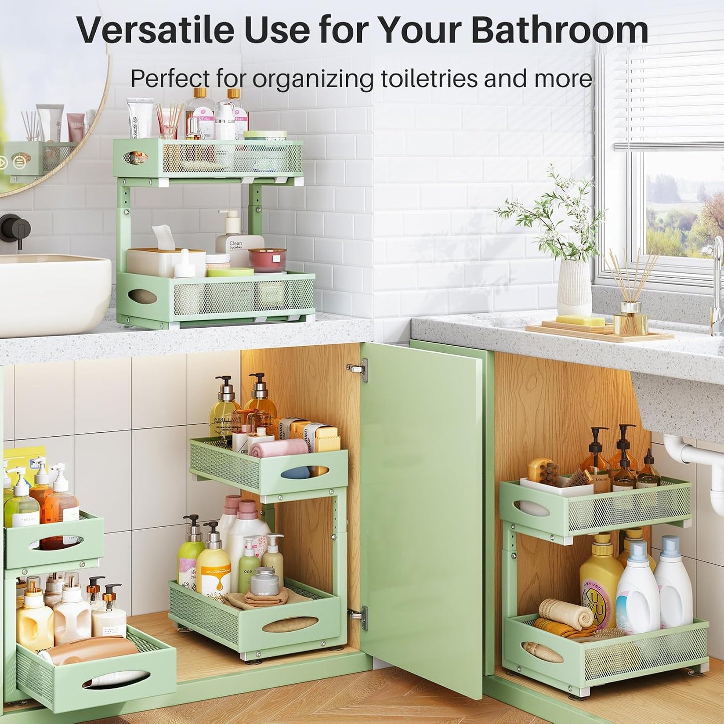 Under Sink Organizer, 2 Tier Pull out Cabinet Organizer Baskets with Mesh Sliding Drawers, Slide out Storage Shelf for Home, Kitchen, Bathroom, Pantry, Office Cabinet, Countertop(1 Pack)