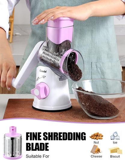 Geedel Rotary Cheese Grater, Kitchen Mandoline Vegetable Slicer with 3 Interchangeable Blades, Easy to Clean Rotary Grater Slicer for Fruit, Vegetables, Nuts | 3 Blades, 430 Stainless Steel, 12x Fast Cutting, Strong Suction Base, No BPA, Dishwasher Safe,