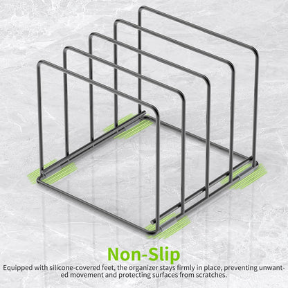 Kitchen Organizer Rack - 4-Slot Heavy-Duty Holder for Cutting Boards,Cookware – Rust-Resistant, Space-Saving Design with Non-Slip Feet for Countertop and Cabinet Storage (1 Pack)