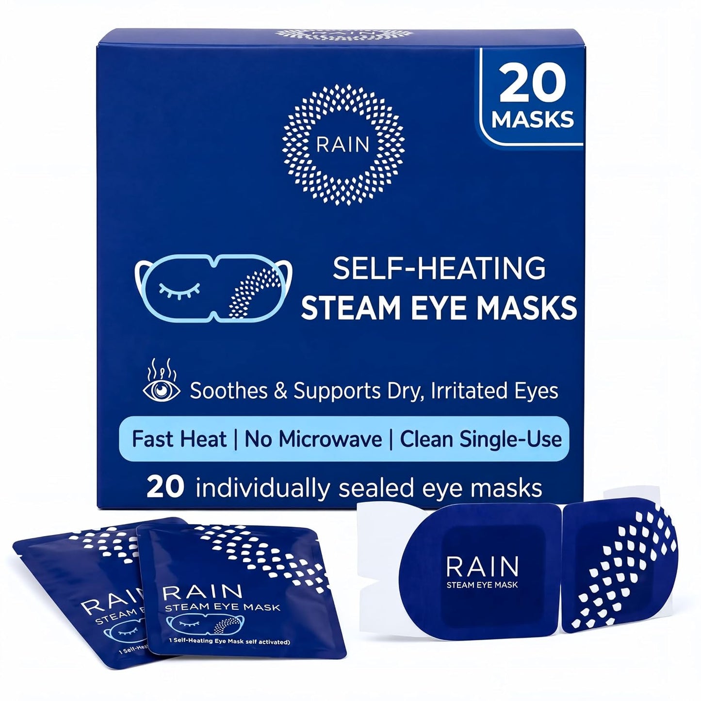 Rain - Heated Eye Mask for Dry Eyes, Self Heating Steam Eye Masks Disposable, Warm Compress for Eyes, Stye Treatment, Moist Heat, Unscented, No Microwave, Travel Ready (20 Masks)