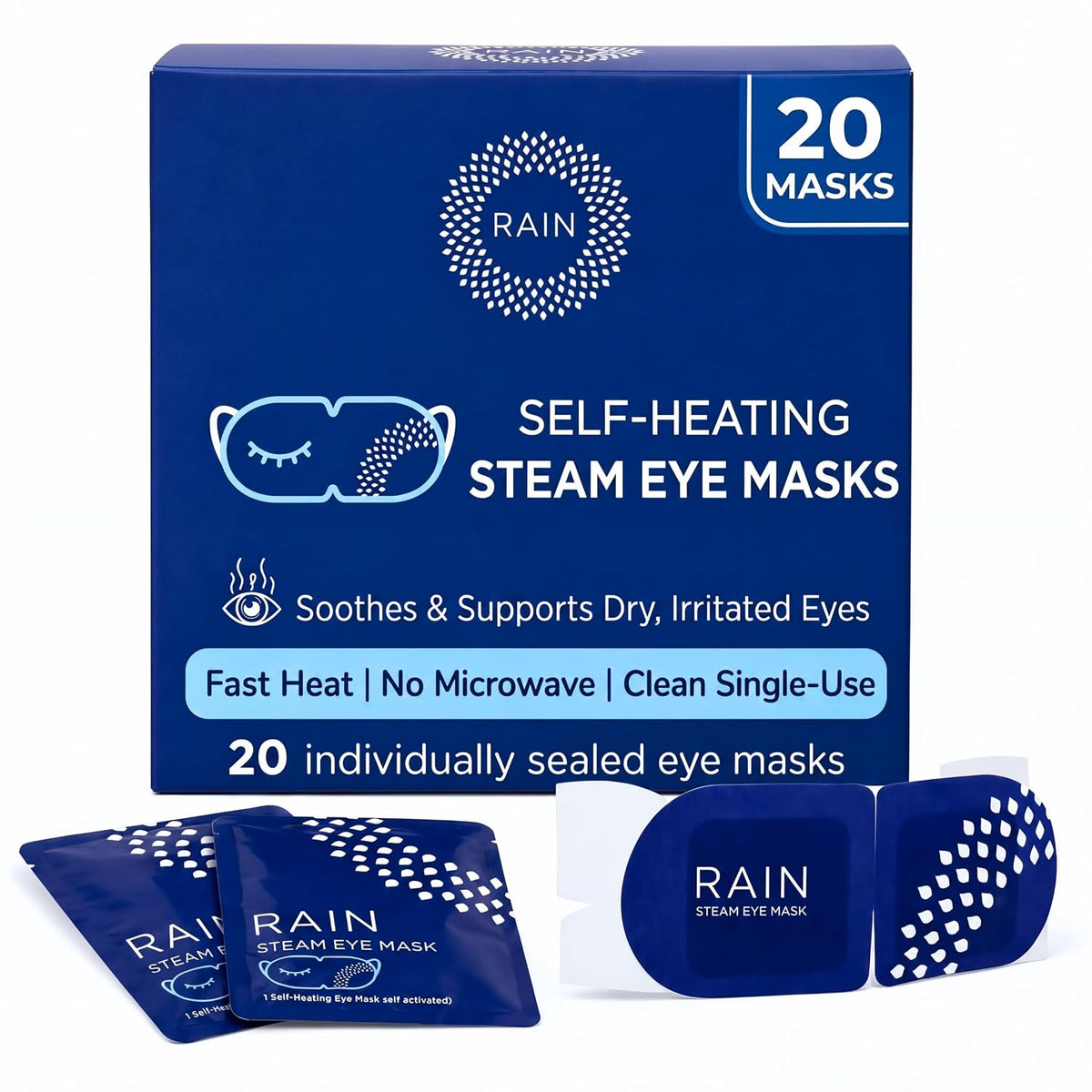 Rain - Heated Eye Mask for Dry Eyes, Self Heating Steam Eye Masks Disposable, Warm Compress for Eyes, Stye Treatment, Moist Heat, Unscented, No Microwave, Travel Ready (20 Masks)
