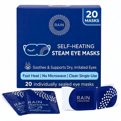 Rain - Heated Eye Mask for Dry Eyes, Self Heating Steam Eye Masks Disposable, Warm Compress for Eyes, Stye Treatment, Moist Heat, Unscented, No Microwave, Travel Ready (20 Masks)