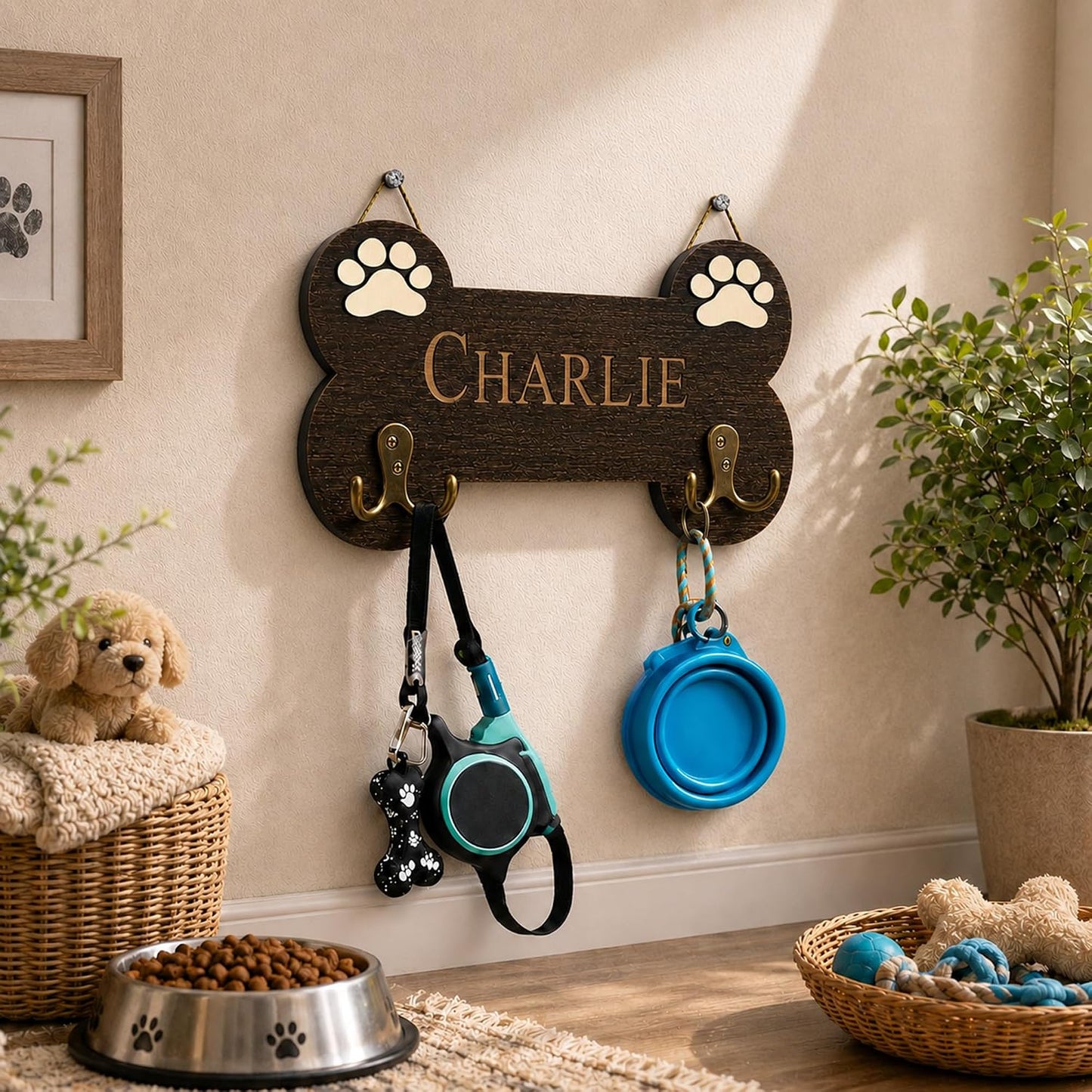 Dog Leash Holder Wall Mount, Pet Harness Hanger with Scrabble Letters, Dog Collar Organizer for Entryway, Memorial Cat Leash Holder for Wall, Pet Loss Gifts, Keepsake, Home Decor PF212-NAT