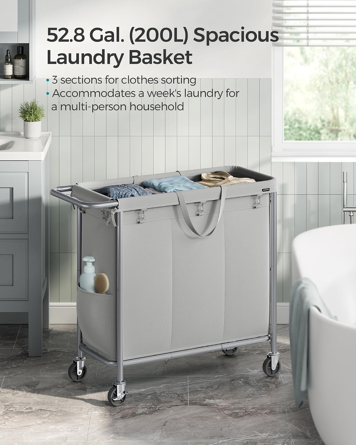 SONGMICS Laundry Basket with Wheels, 4-Section Rolling Laundry Hamper, 68.6 Gallons (260 L), Removable Liner, Steel Frame with Handle, 43.3 x 15.4 x 31.9 Inches, Cream White URLS014W01