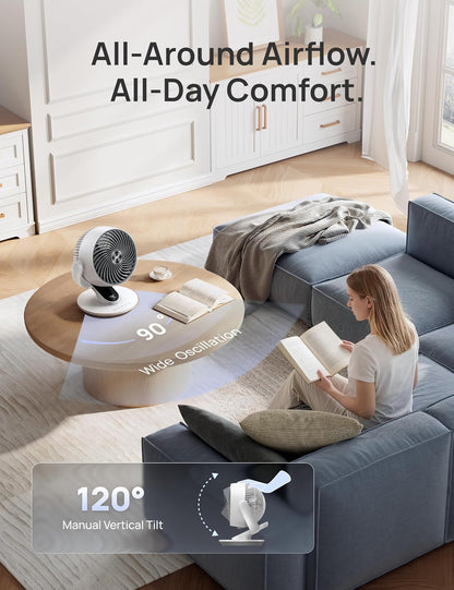 DREO Fan for Bedroom, 13-Inch Oscillating Table Air Circulator Fan for Whole Room, 120° Tilt Adjustment, 25dB Ultra-Quiet, 75ft Powerful Airflow, 4 Speeds Desk Fans with Remote for Home, Office