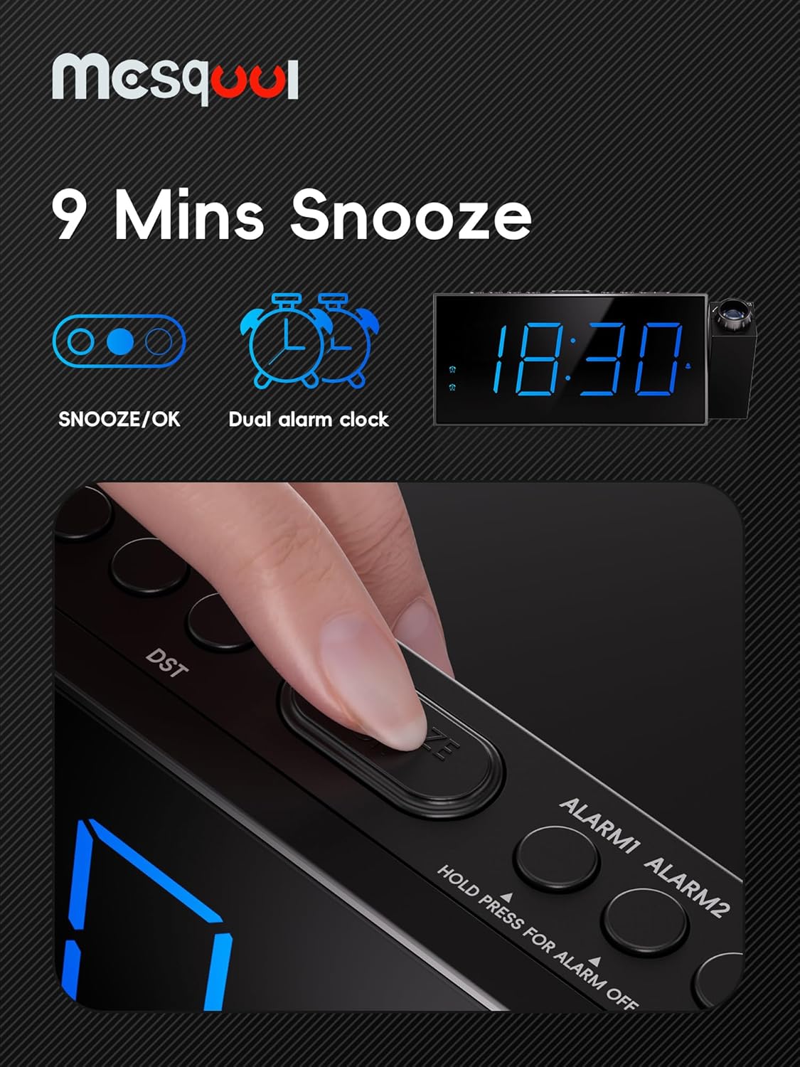 Mesqool Projection Alarm Clock with Bed Shaker, Dual Alarms