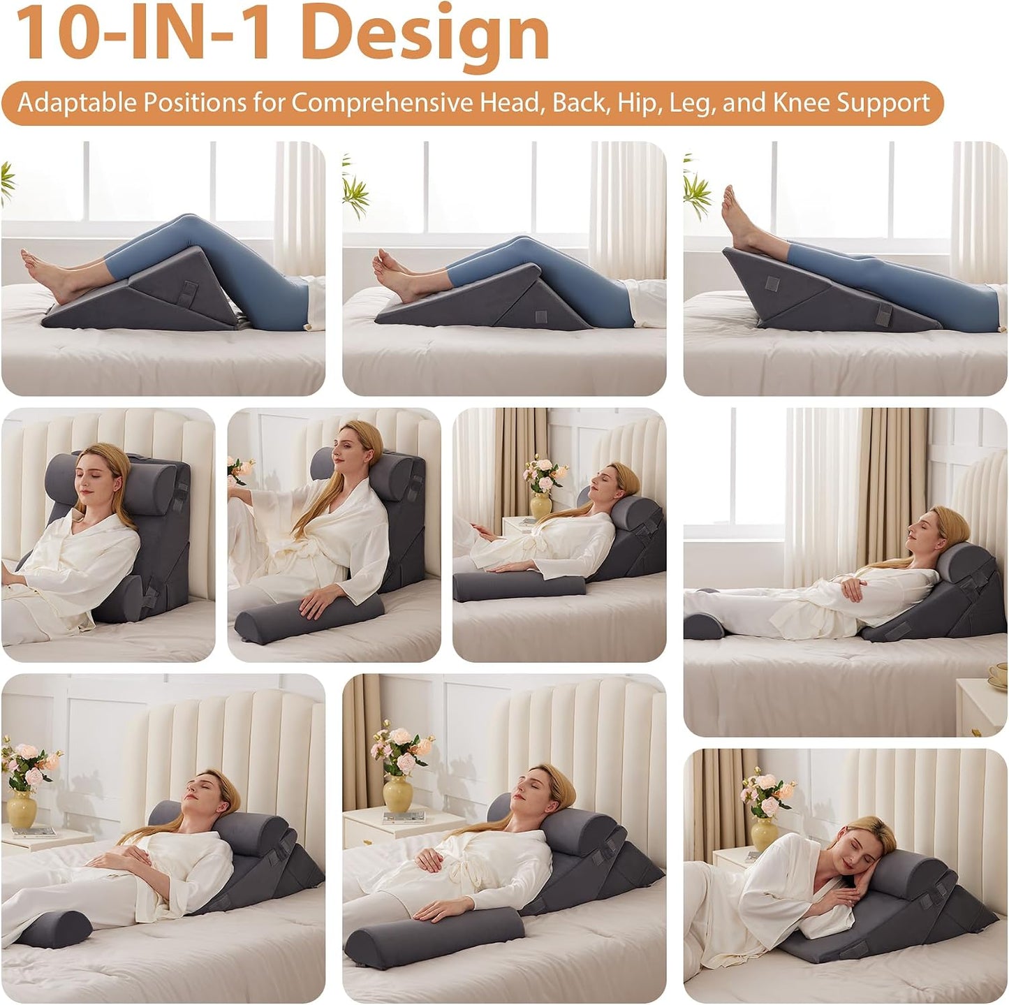 BIEEZZK Wedge Pillow Set for After Surgery, Wedge Pillow for Acid Reflux, Bed Wedge Pillow with Adjustable 9&12inch for Headboard,Sleeping, Orthopedic Memory Foam for Neck&Back Support, White/Grey