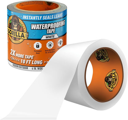 GORILLA Waterproofing Tape, Permanent, White, 4" x 10 | Weather Resistant for Leaks and Repairs, Conforms to All Surfaces, UV and Moisture Resistant Backing