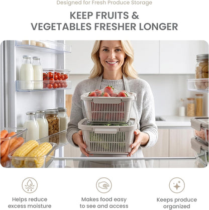 Glass Produce Storage Containers for Fridge, 2-Pack – Airtight Fruit & Vegetable Containers with Removable Colanders, Flexible Silicone Lids,LeakProof, BPA-Free Borosilicate Glass